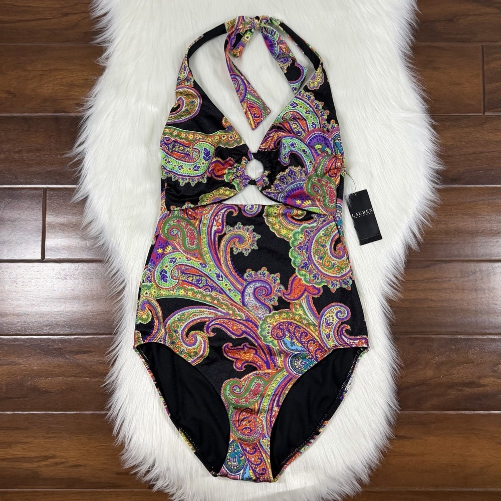 Lauren Ralph Lauren Women's Size 12 Paisley Halter Cut Out One Piece Swimsuit